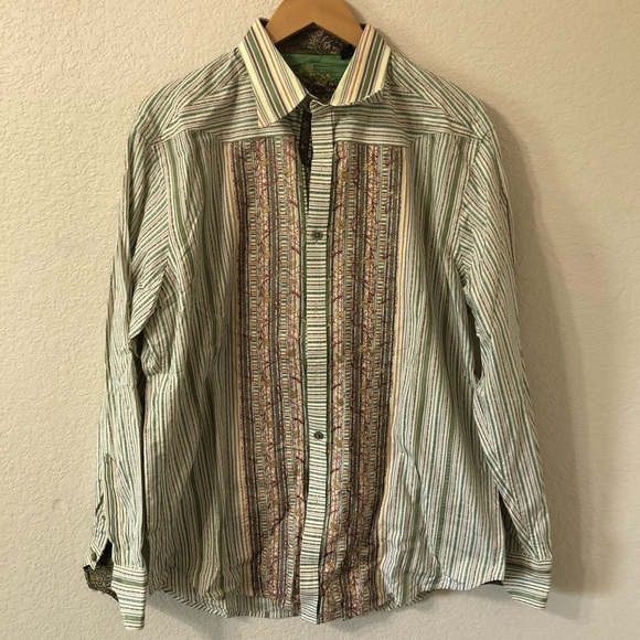 Robert Graham Embroidered Floral Striped Casual Button Down Shirt Green Large - Picture 1 of 7